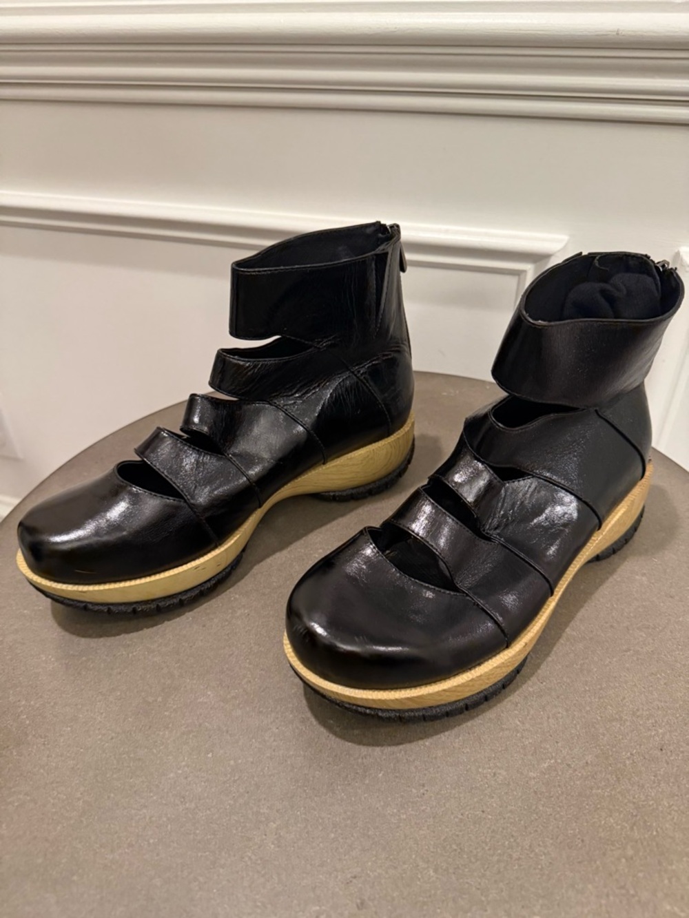 Antelope Black Leather Ankle Boots with Contrasting Tan Sole